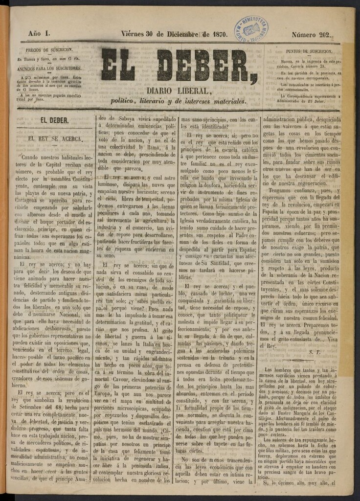 Miniatura de El Deber : diario liberal, político, literario y de intereses materiales del 30 de diciembre de 1870