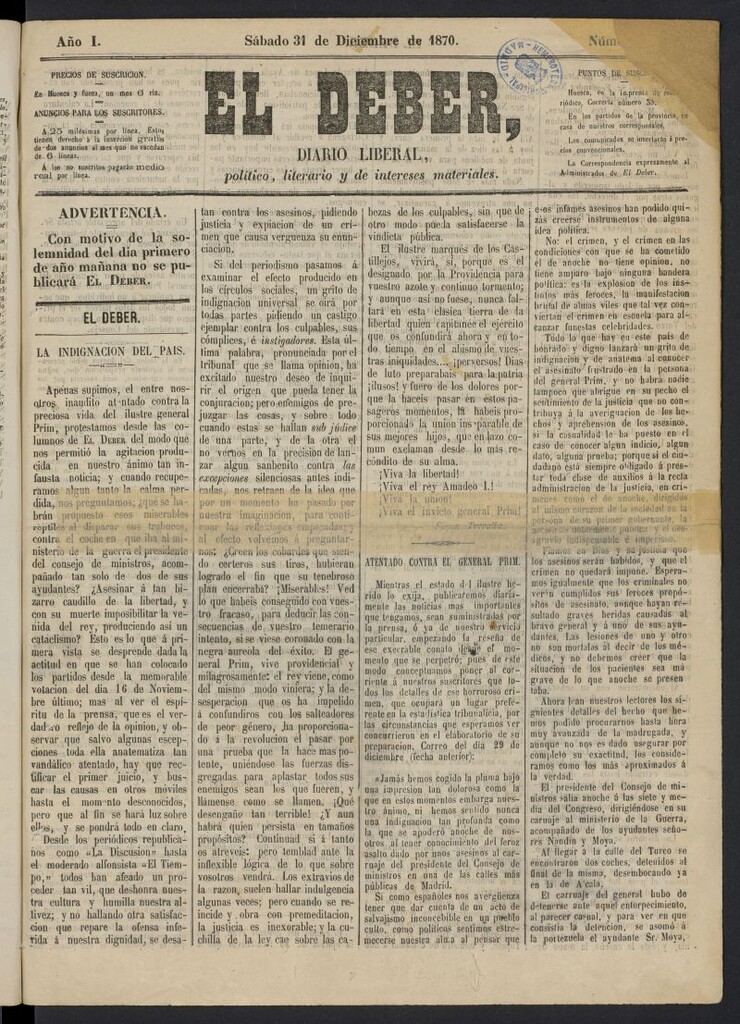 Miniatura de El Deber : diario liberal, político, literario y de intereses materiales del 31 de diciembre de 1870