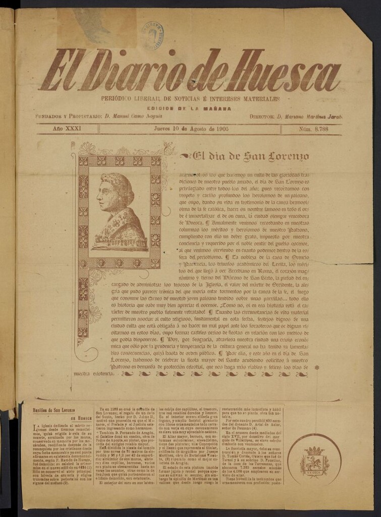 Miniatura de El Diario de Huesca: periódico liberal del 10 de agosto de 1905