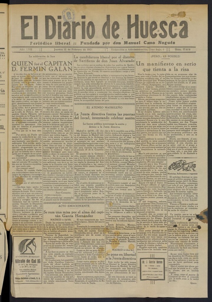 Miniatura de El Diario de Huesca: periódico liberal del 12 de febrero de 1931