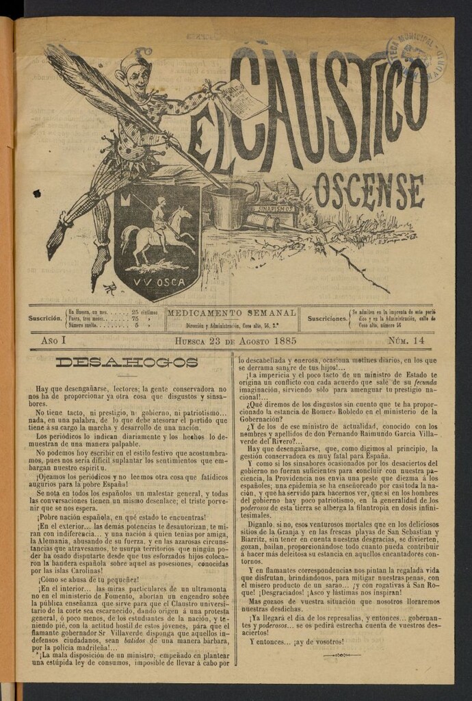 Miniatura de El Cáustico oscense del 23 de agosto de 1885