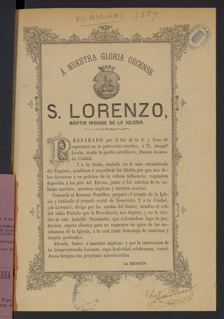 Miniatura de El Alcoraz: semanario católico del 9 de agosto de 1889