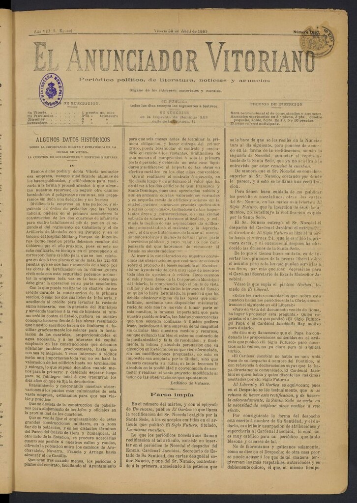 Miniatura de El Anunciador Vitoriano del 30 de abril de 1885