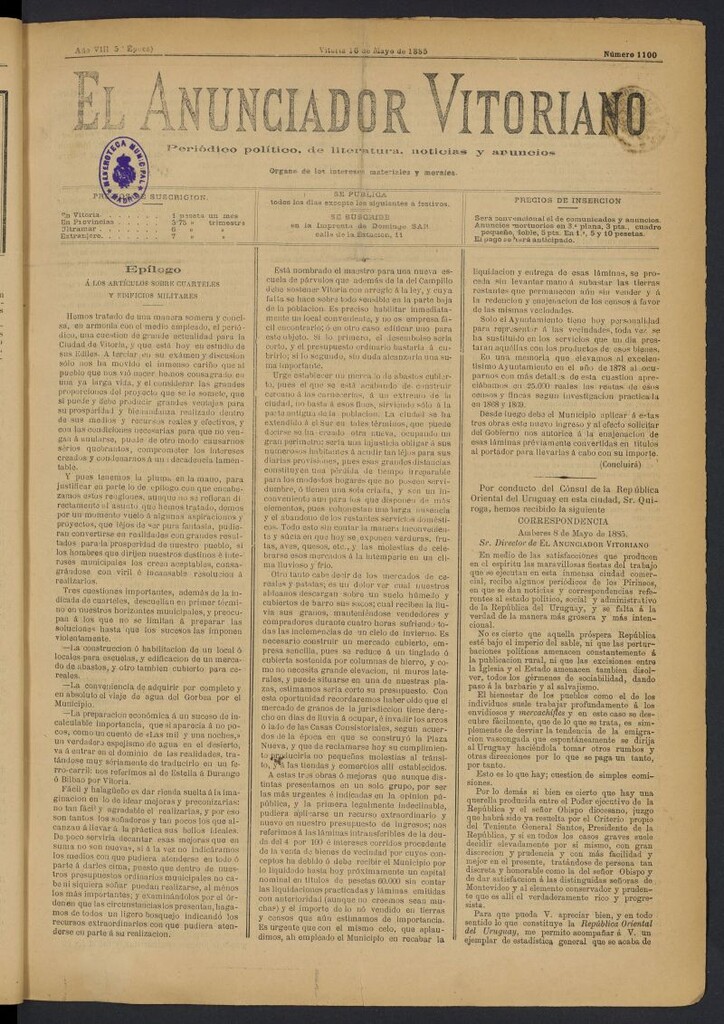 Miniatura de El Anunciador Vitoriano del 16 de mayo de 1885