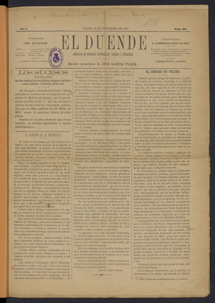 Miniatura de El Duende (Toledo, 1882) del 24 de diciembre de 1882