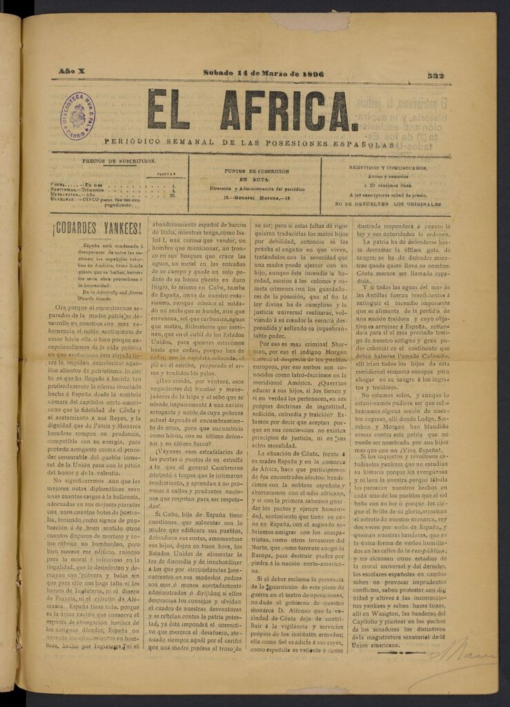 Miniatura de El África (Ceuta, 1891) del 14 de marzo de 1896