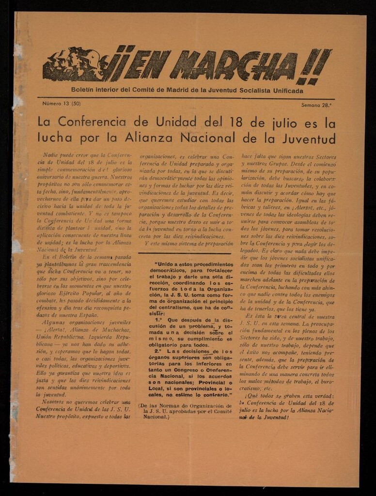 Miniatura de ¡¡En Marcha!!: boletín interior del Comité de Madrid de la JSU de 1936, nº 13