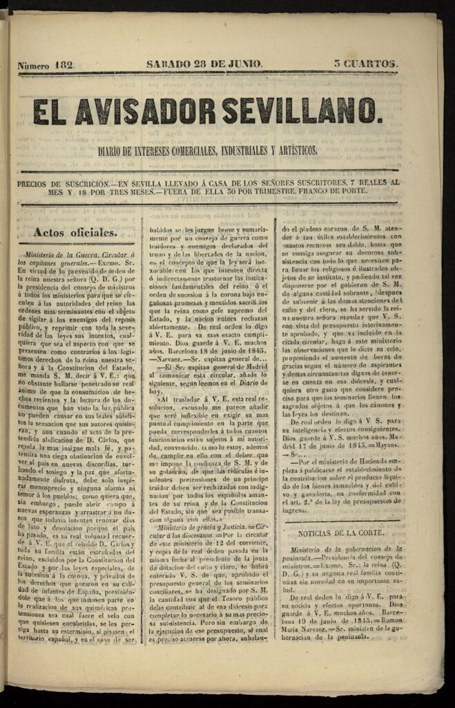 Miniatura de El Avisador Sevillano del 28 de junio de 1845
