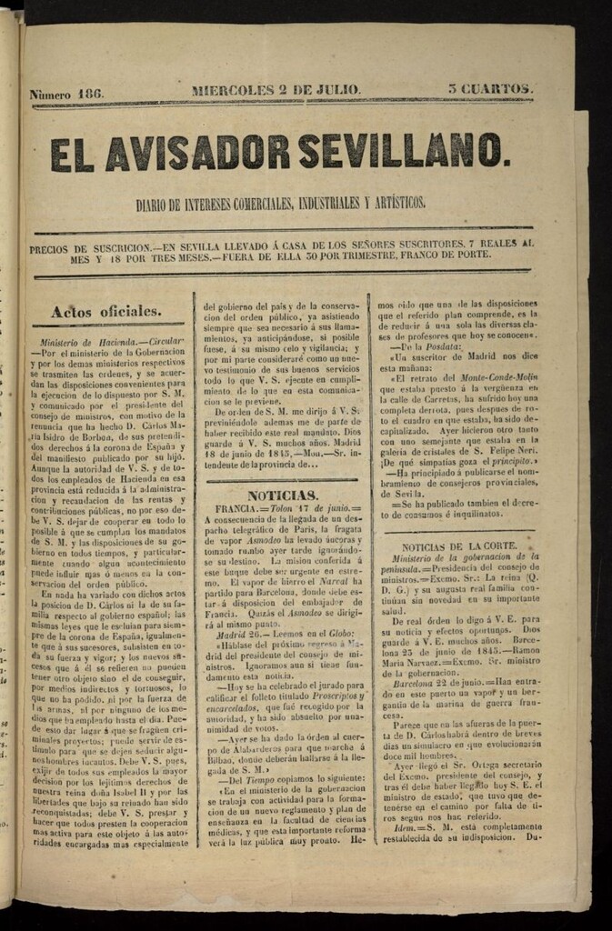Miniatura de El Avisador Sevillano del 2 de julio de 1845