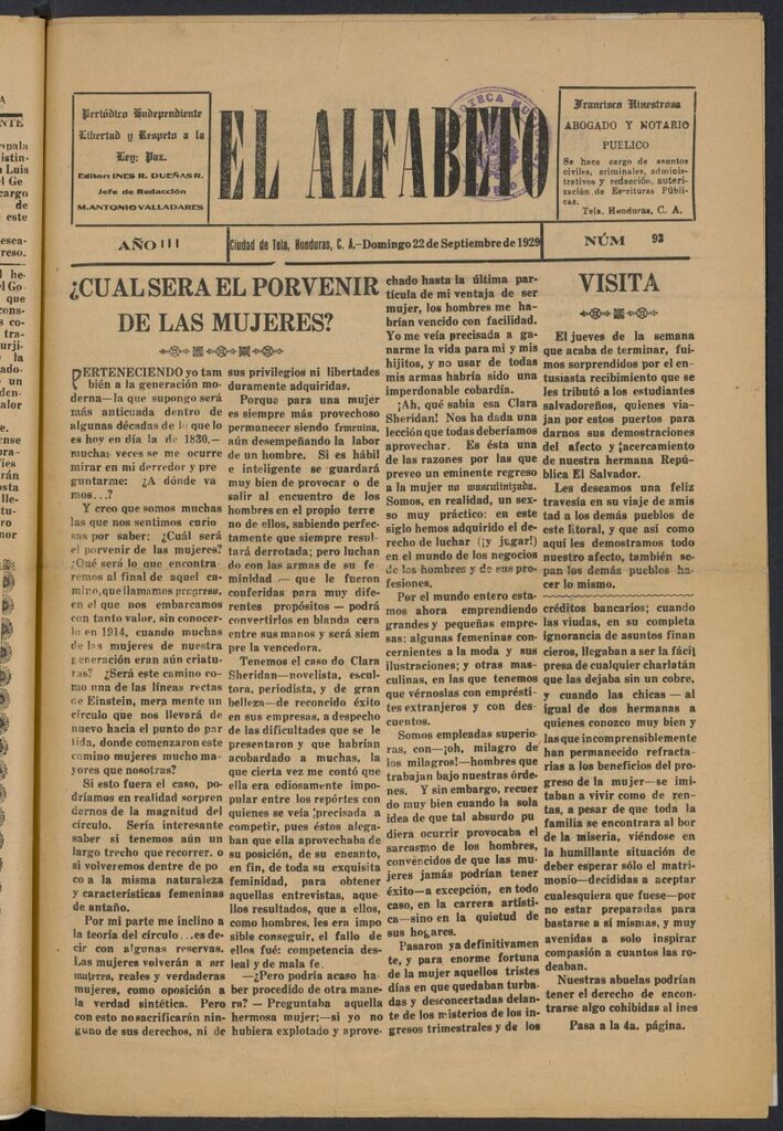 Miniatura de El Alfabeto: Periódico Independiente del 22 de septiembre de 1929