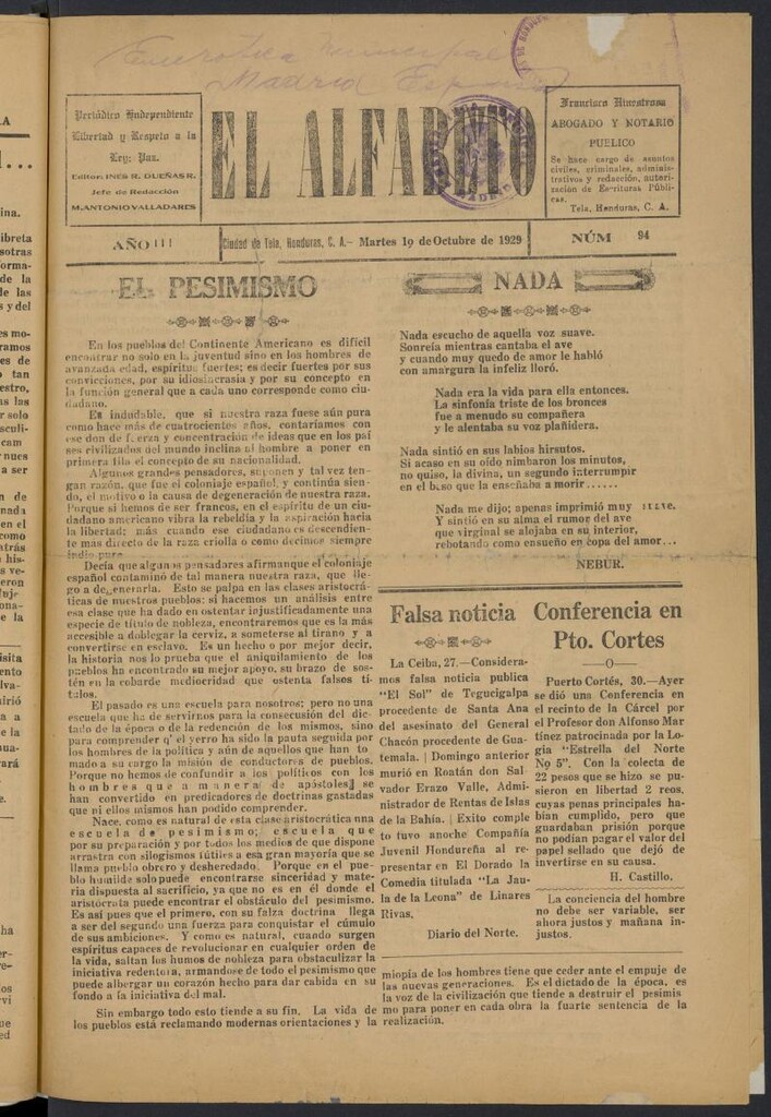Miniatura de El Alfabeto: Periódico Independiente del 10 de octubre de 1929