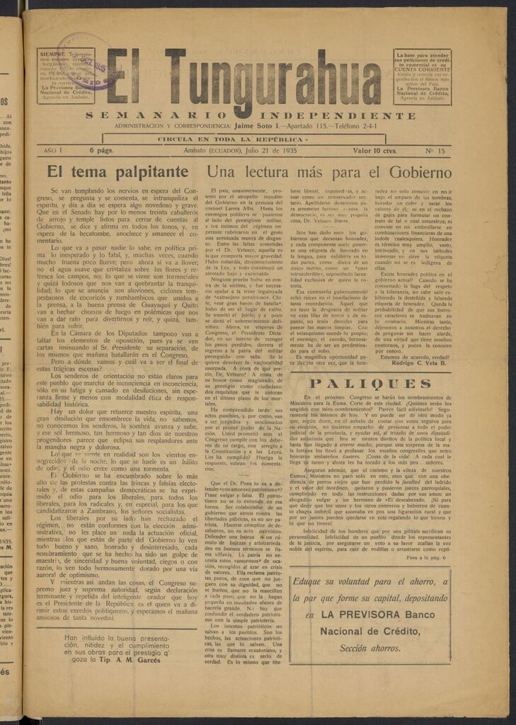 Miniatura de El Tungurahua del 21 de julio de 1935