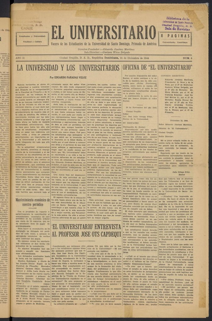 Miniatura de El Universitario: vocero de los estudiantes de la Universidad de Santo Domingo del 21 de diciembre de 1944