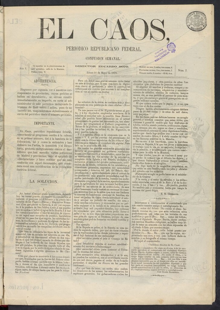Miniatura de El Caos: confusión semanal del 16 de mayo de 1870