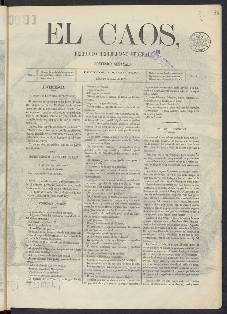 Miniatura de El Caos: confusión semanal del 30 de mayo de 1870