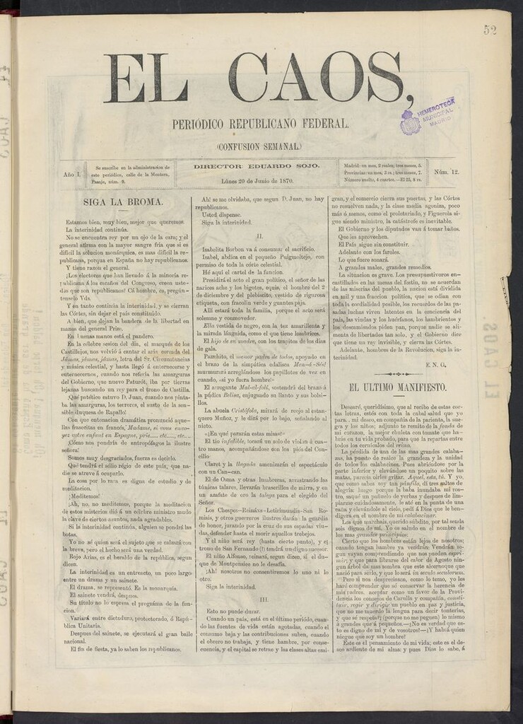 Miniatura de El Caos: confusión semanal del 20 de junio de 1870