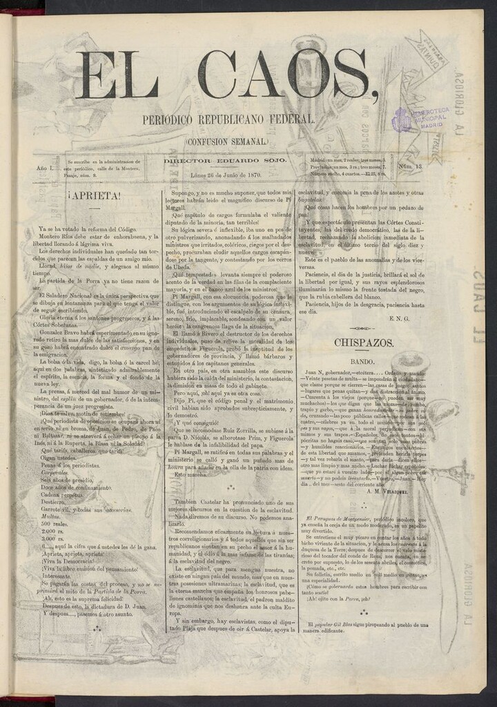 Miniatura de El Caos: confusión semanal del 26 de junio de 1870