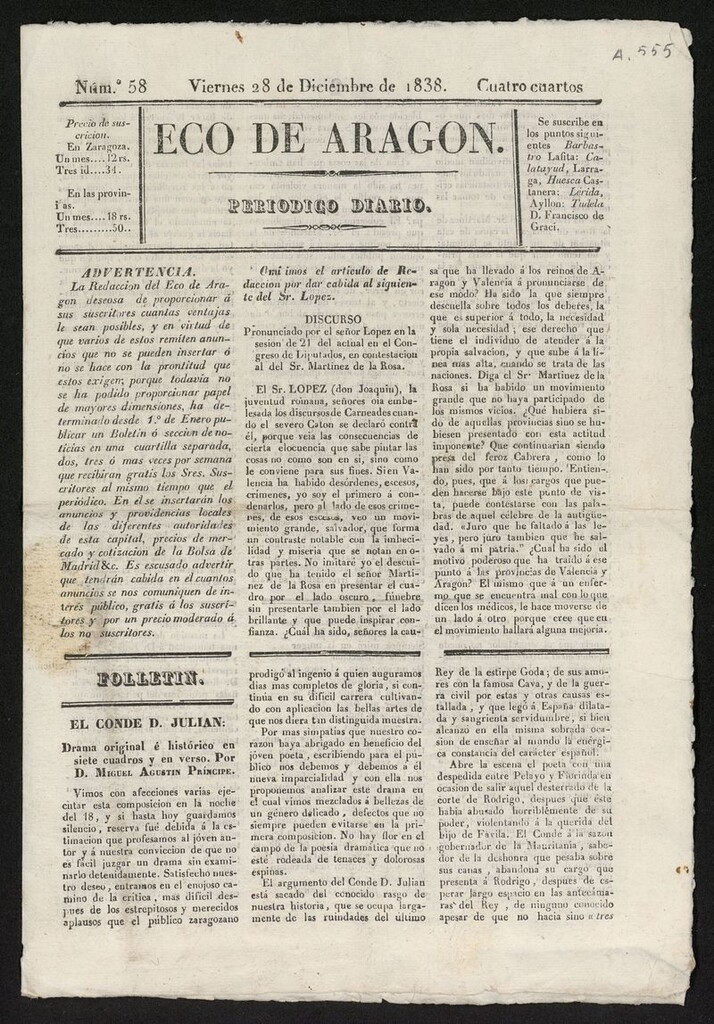 Miniatura de Eco de Aragón (Zaragoza, 1838) del 28 de diciembre de 1838