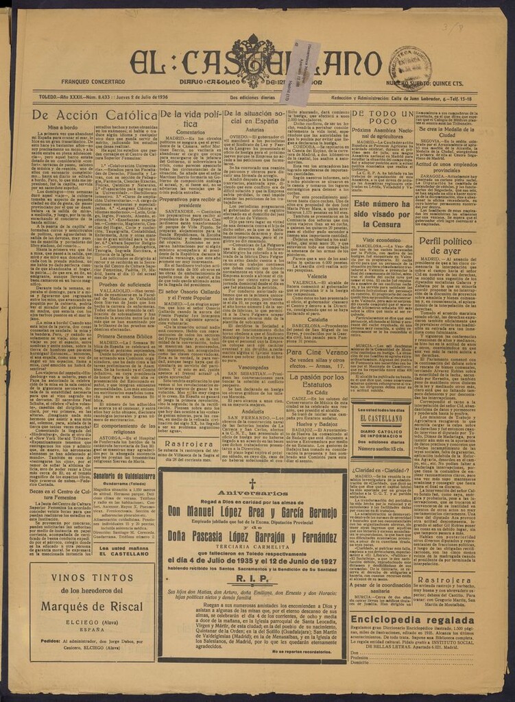 Miniatura de El Castellano (Toledo. 1904) del 2 de julio de 1936