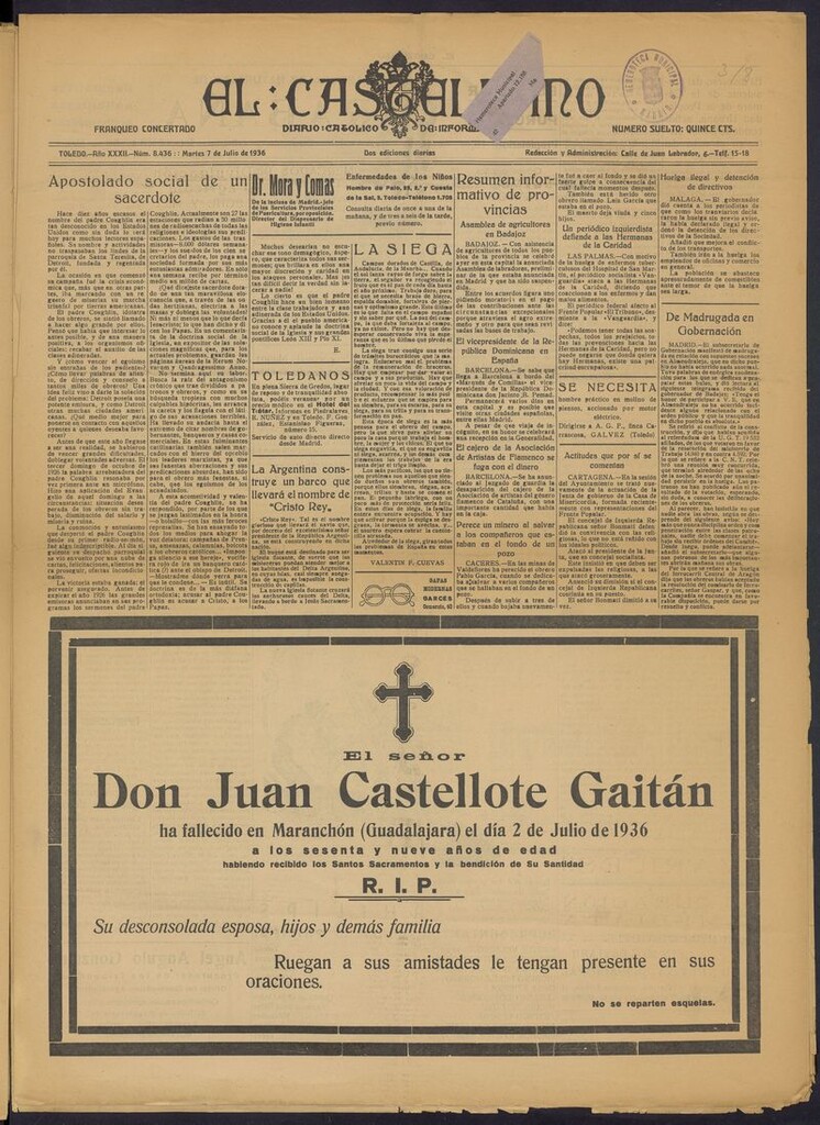 Miniatura de El Castellano (Toledo. 1904) del 7 de julio de 1936