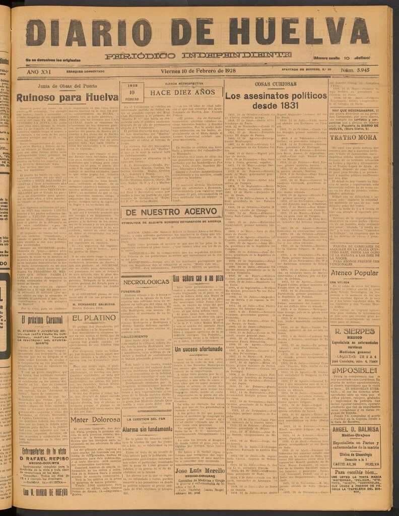 Miniatura de Diario de Huelva : periódico independiente del 10 de febrero de 1928