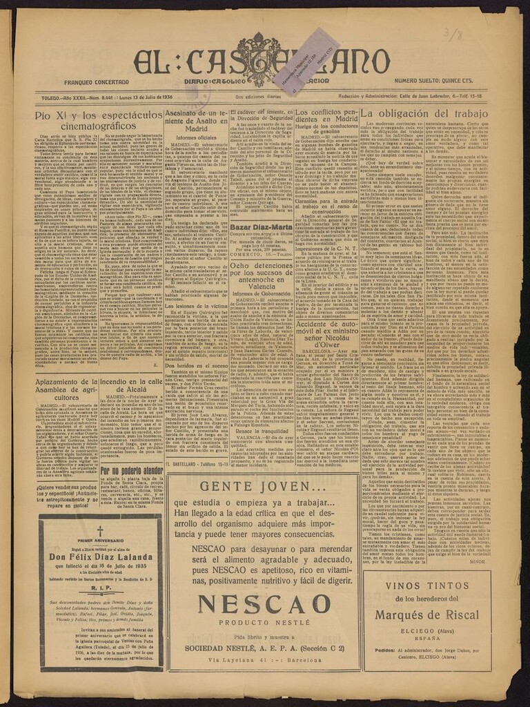 Miniatura de El Castellano (Toledo. 1904) del 13 de julio de 1936