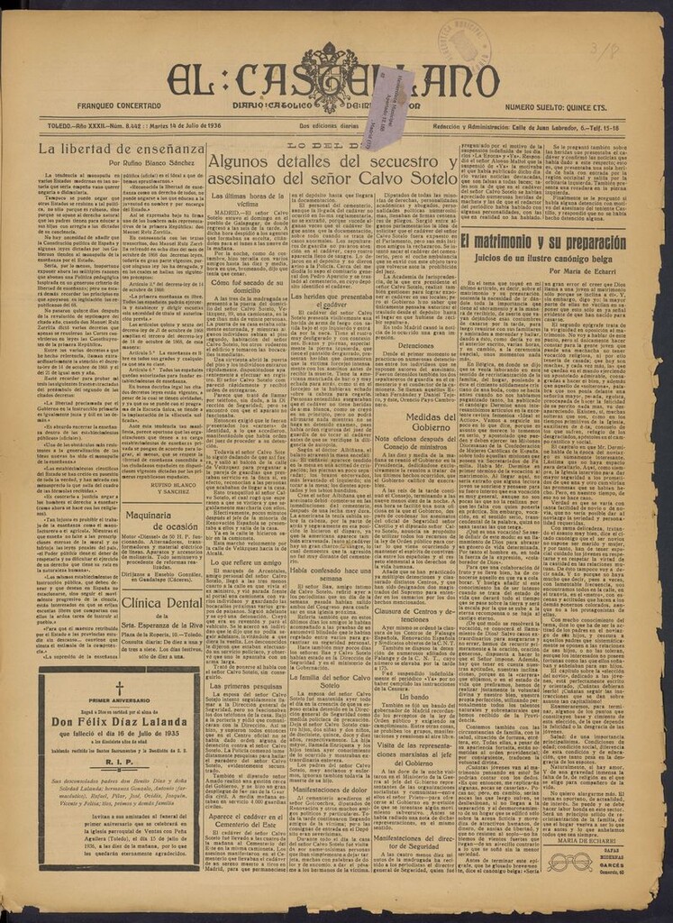 Miniatura de El Castellano (Toledo. 1904) del 14 de julio de 1936