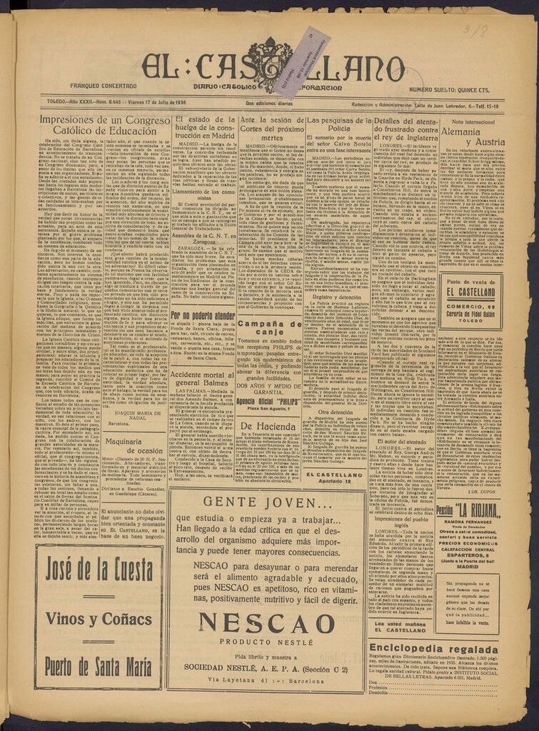 Miniatura de El Castellano (Toledo. 1904) del 17 de julio de 1936
