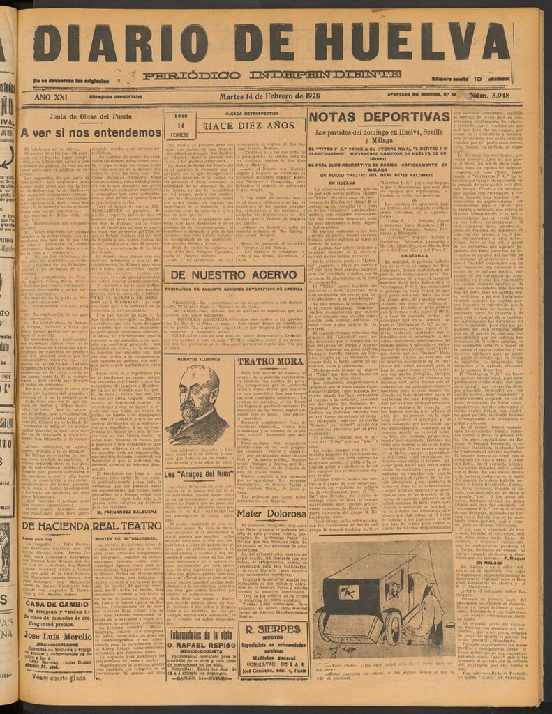 Miniatura de Diario de Huelva : periódico independiente del 14 de febrero de 1928