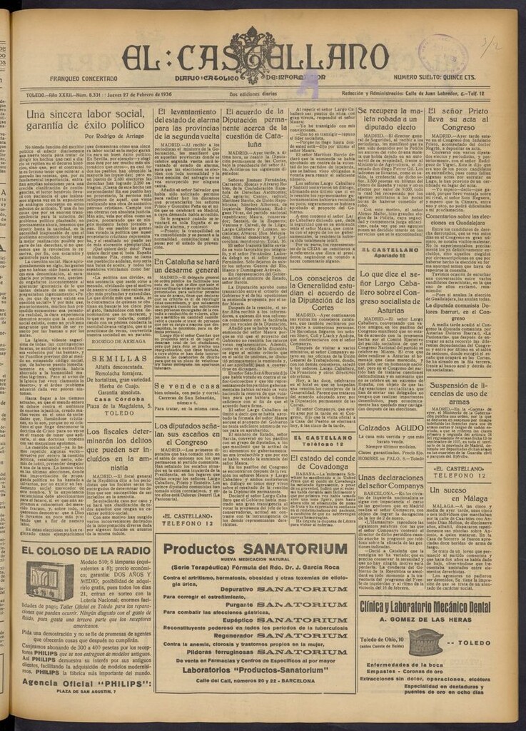 Miniatura de El Castellano (Toledo. 1904) del 27 de febrero de 1936
