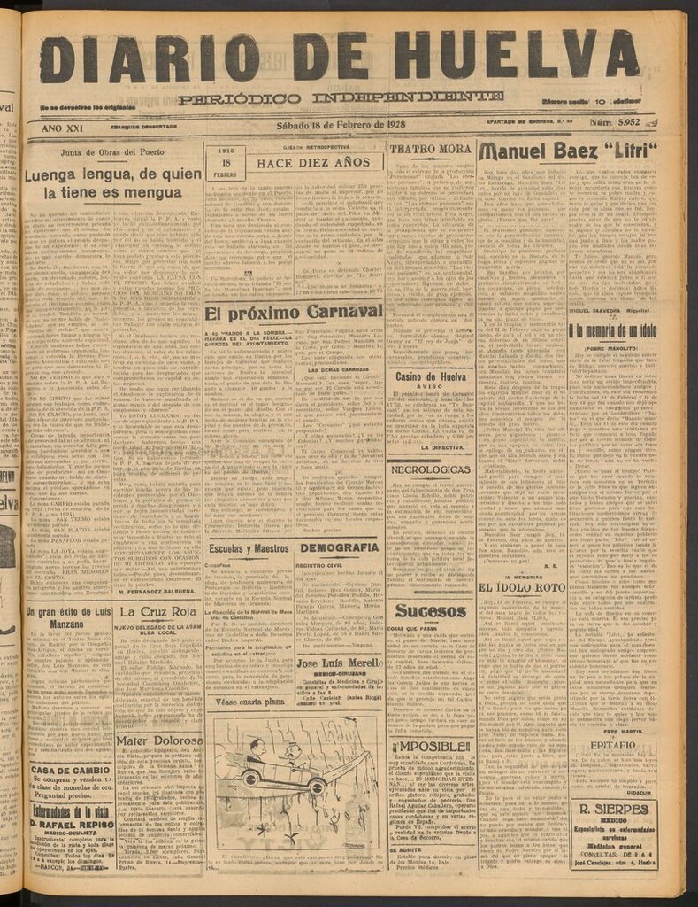 Miniatura de Diario de Huelva : periódico independiente del 18 de febrero de 1928
