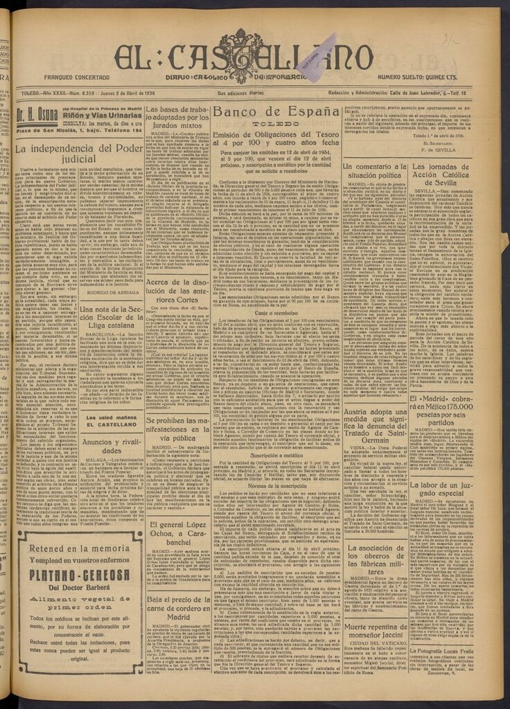 Miniatura de El Castellano (Toledo. 1904) del 2 de abril de 1936