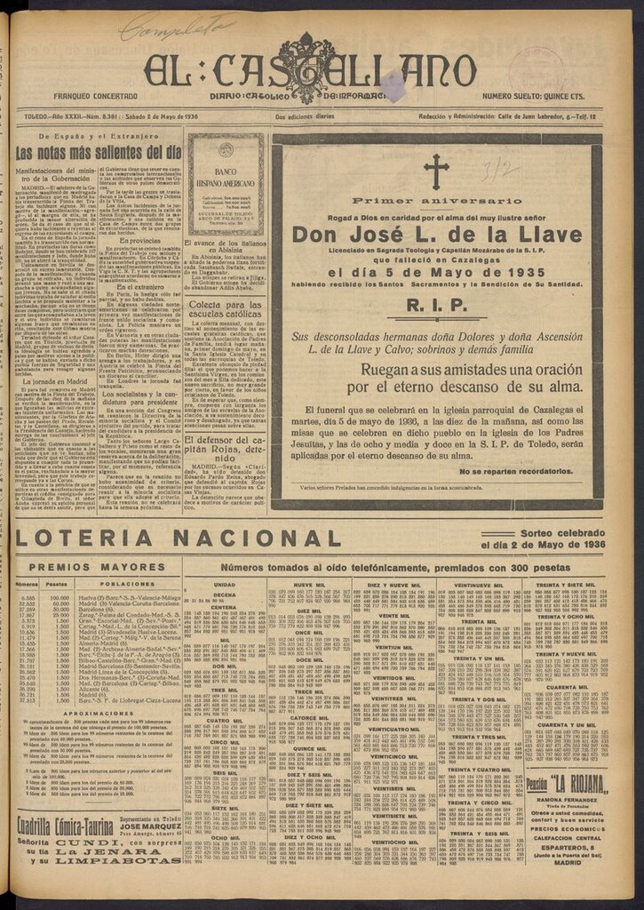 Miniatura de El Castellano (Toledo. 1904) del 2 de mayo de 1936