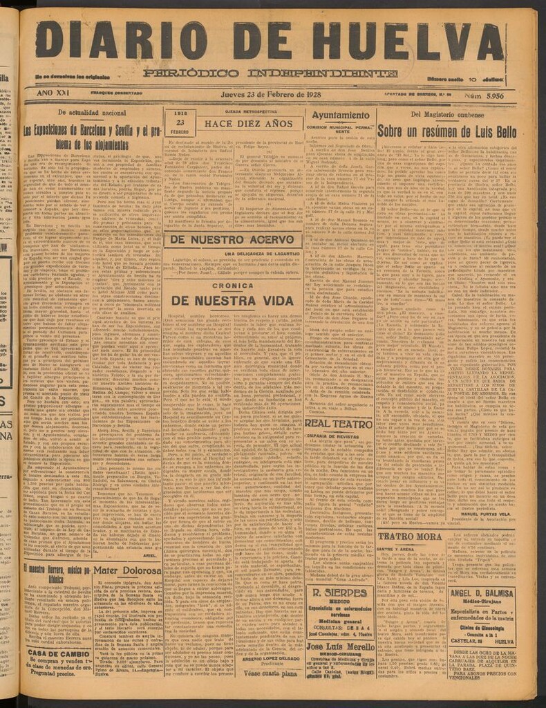Miniatura de Diario de Huelva : periódico independiente del 23 de febrero de 1928