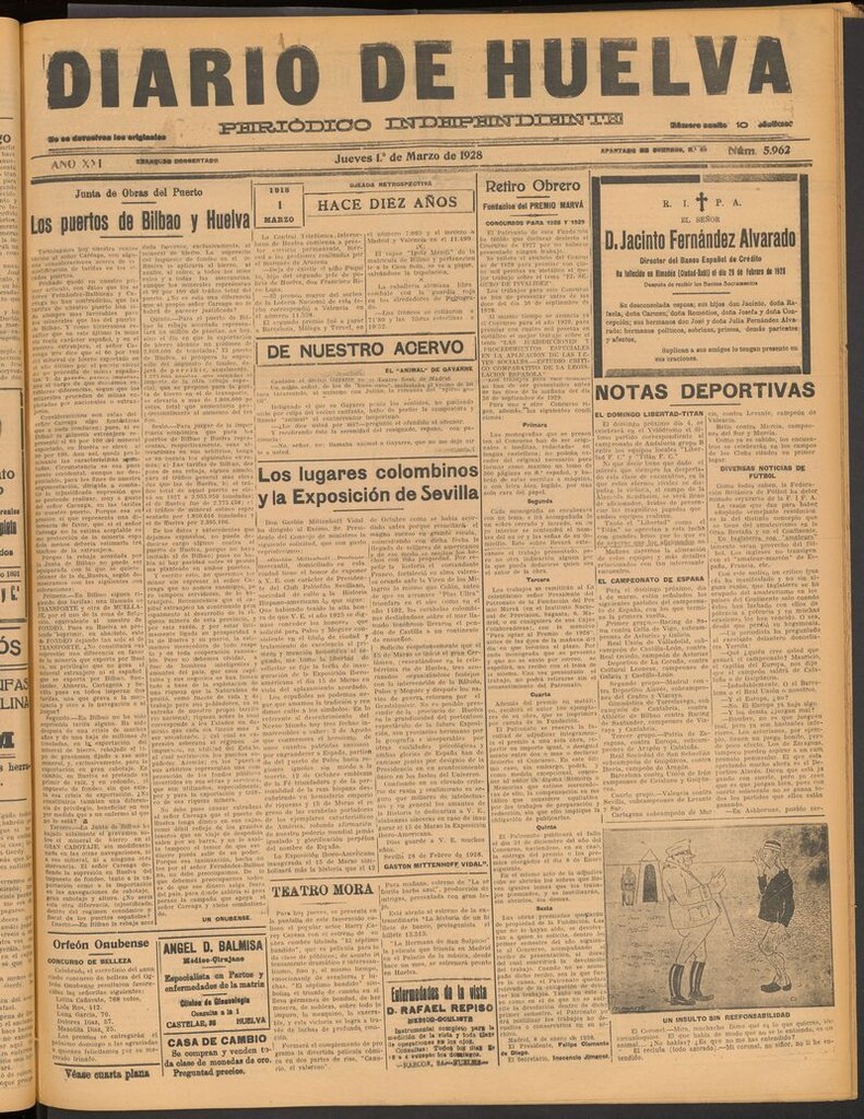 Miniatura de Diario de Huelva : periódico independiente del 1 de marzo de 1928
