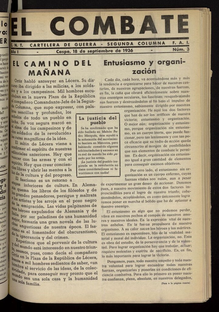 Miniatura de El Combate (Caspe. 1936) del 18 de septiembre de 1936