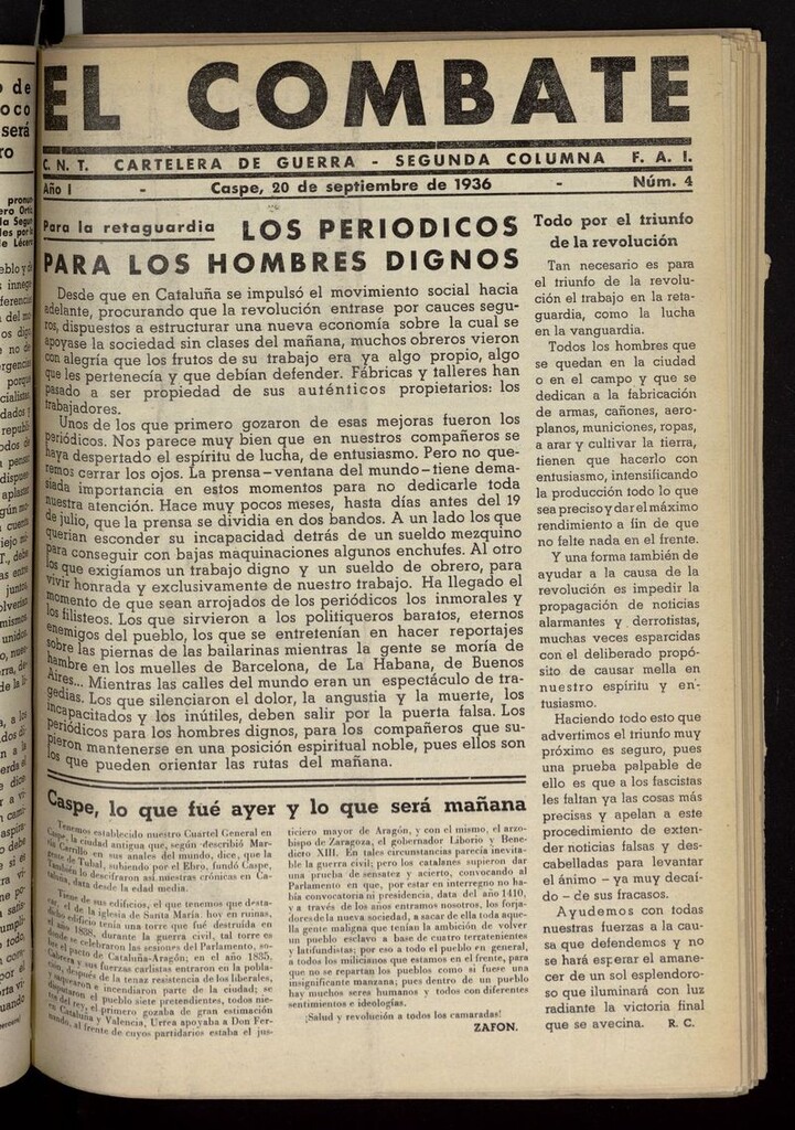 Miniatura de El Combate (Caspe. 1936) del 20 de septiembre de 1936