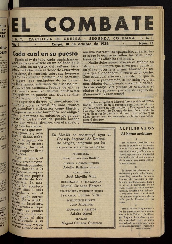 Miniatura de El Combate (Caspe. 1936) del 18 de octubre de 1936