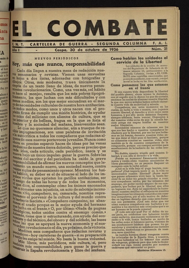 Miniatura de El Combate (Caspe. 1936) del 30 de octubre de 1936