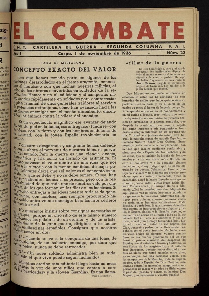 Miniatura de El Combate (Caspe. 1936) del 1 de noviembre de 1936