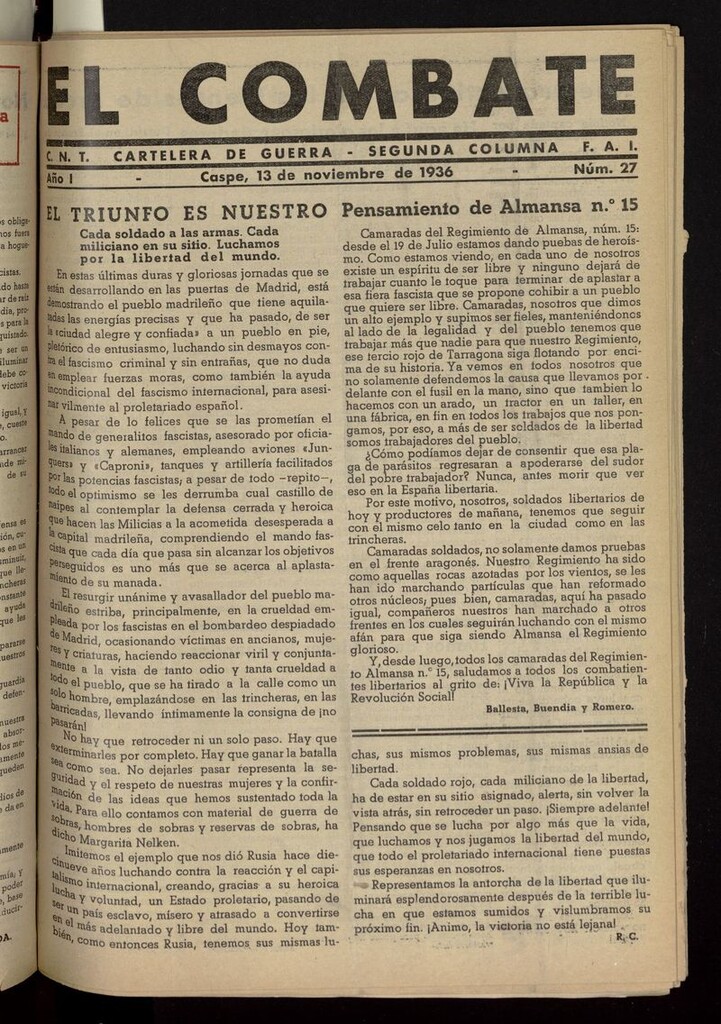 Miniatura de El Combate (Caspe. 1936) del 13 de noviembre de 1936