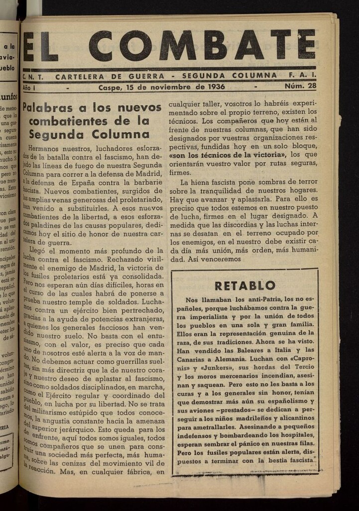 Miniatura de El Combate (Caspe. 1936) del 15 de noviembre de 1936