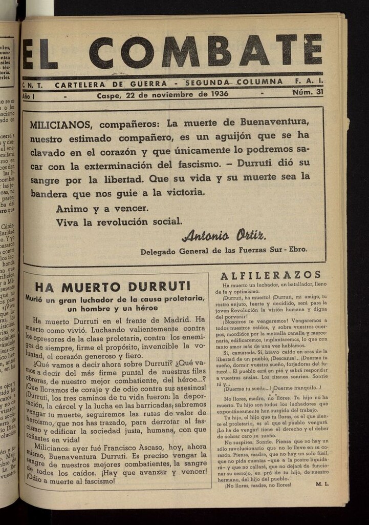 Miniatura de El Combate (Caspe. 1936) del 22 de noviembre de 1936
