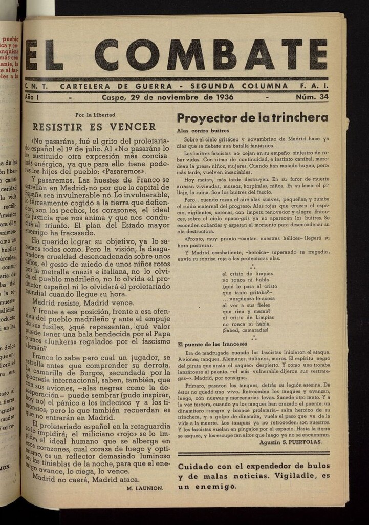 Miniatura de El Combate (Caspe. 1936) del 29 de noviembre de 1936