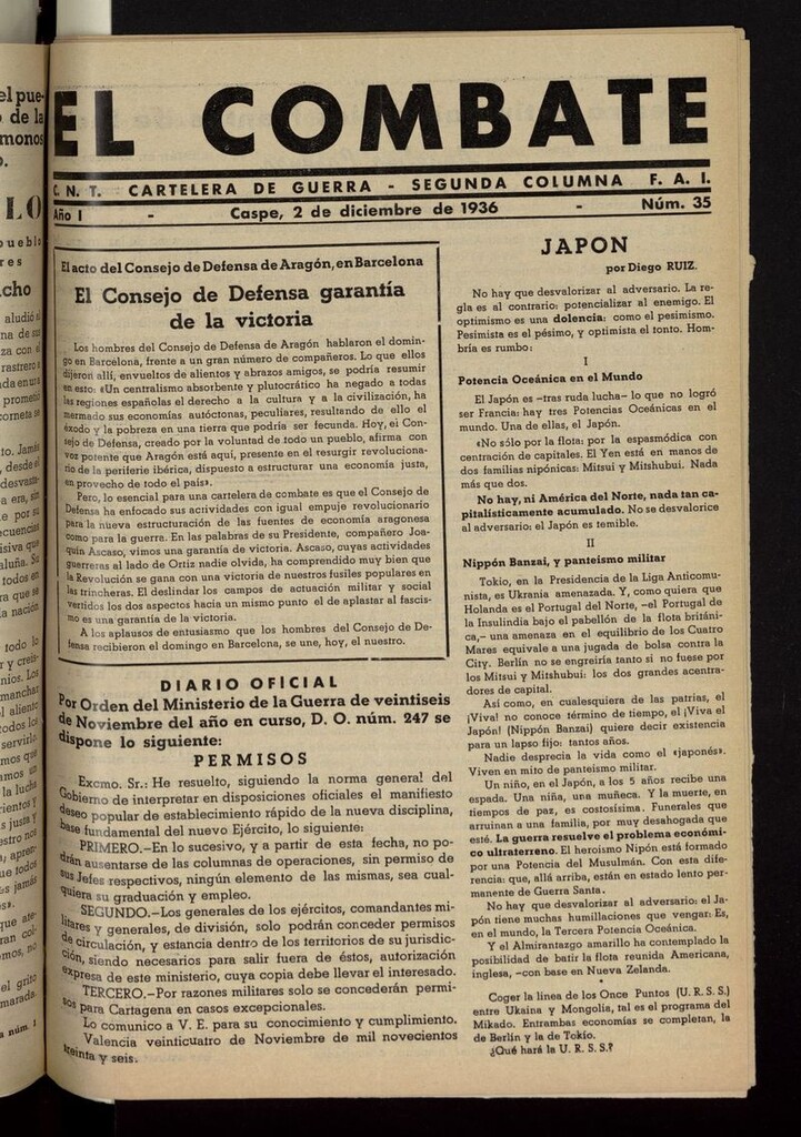 Miniatura de El Combate (Caspe. 1936) del 2 de diciembre de 1936