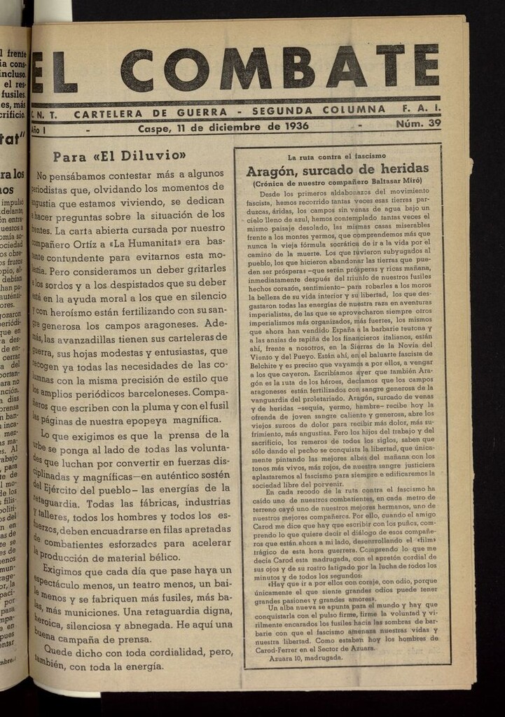 Miniatura de El Combate (Caspe. 1936) del 11 de diciembre de 1936