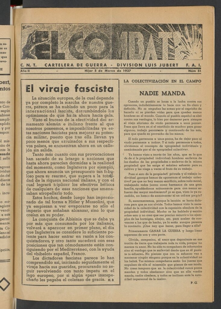 Miniatura de El Combate : cartelera de guerra : segunda columna del 5 de marzo de 1937