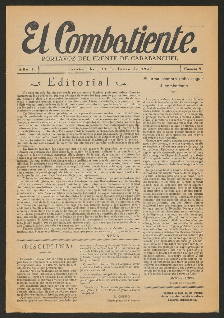 Miniatura de El Combatiente: Portavoz del Frente de Carabanchel del 21 de junio de 1937