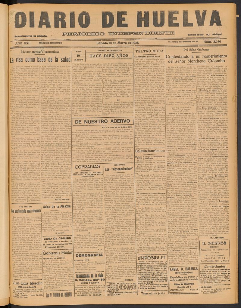 Miniatura de Diario de Huelva : periódico independiente del 10 de marzo de 1928
