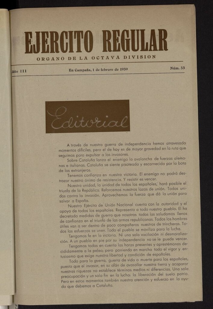 Miniatura de Ejército Regular: Órgano de la 8ª División del 1 de febrero de 1939